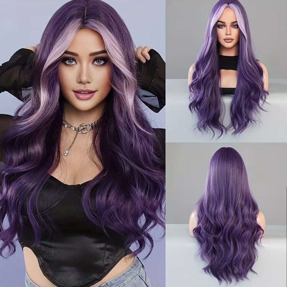 28” Long Dark Purple Loose Curly Wavy Purple Wig Centre Part Highlight Synthetic